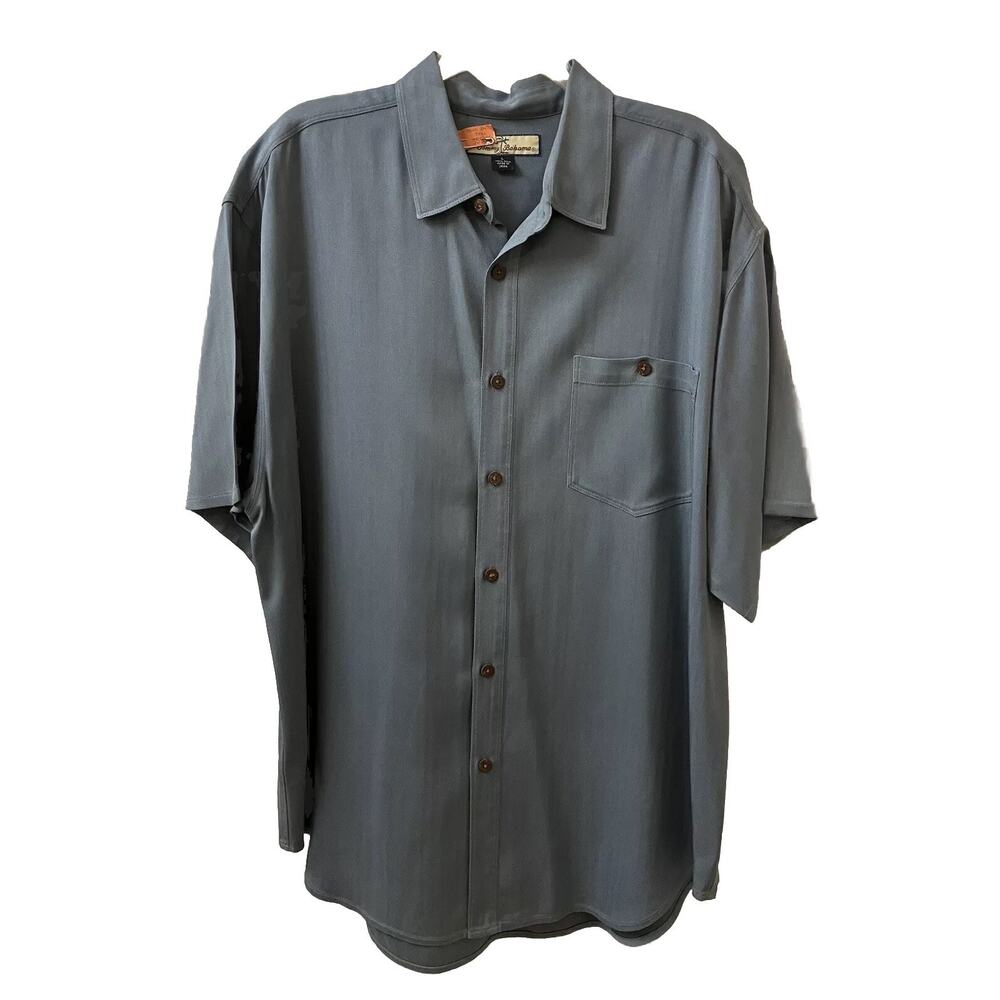 Vintage Mens Tommy Bahama Short Sleeve Button-Up Shirt 100% Silk Blue Gray Sz L